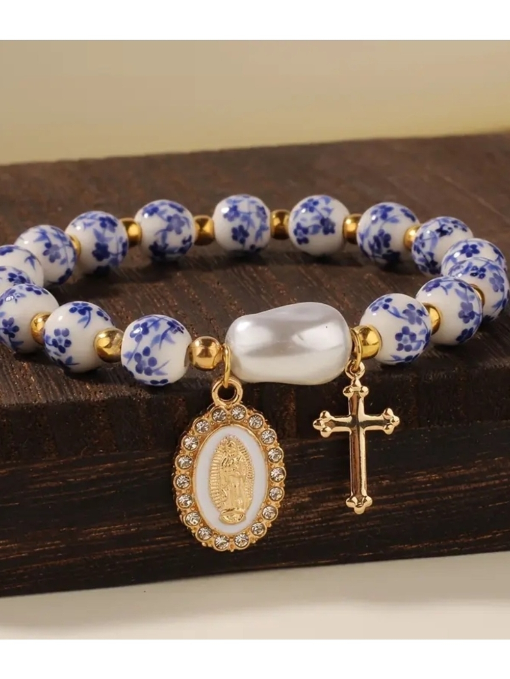 White & Blue Floral ceramic beaded bracelet W/ gold crucifix & Virgin Mary Charm
